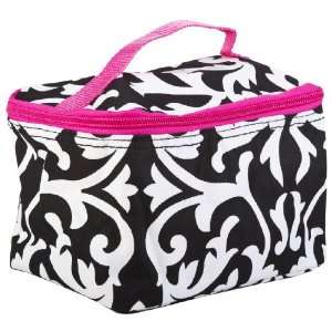   Cosmetic Makeup Bag Case Damask Print Hot Pink Trim Black White Small