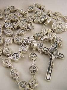 Saint St.Benedict Medal Rosary & Case Silver Cross  