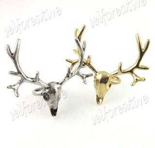   Elk Milu Head Horn Large Finger Ring Sz 6/M Silver/Gold Metal  