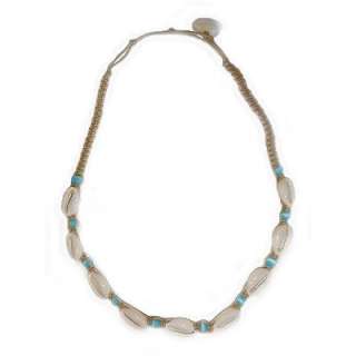 Hawaiian Hemp Blue Bead Shell Necklace Hawaii Choker  