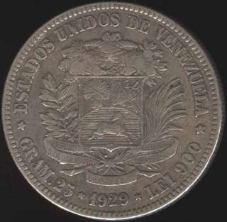 VENEZUELA RARE BEAUTY 5 BOLIVIANOS 1929 SILVER COIN  