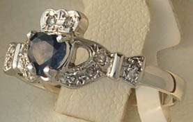 14K White Sapphire & Diamond Claddagh Ring Irish Made by SHANORE 