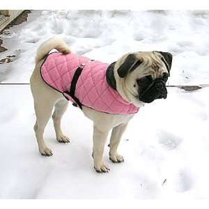  Pink Quilted Dog Coat with Faux Black Leather Trim   Size 