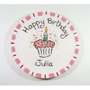  Pink Birthday Hand Painted Ceramic Cupcake Plate: Kitchen 