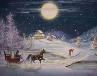 Folk Art Yule PRINT Witch Sleigh Horse Carriage Ride Snow Trees Going 
