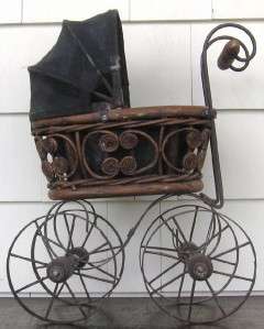 Antique Doll Carriage Iron Rattan Wood  