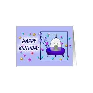  Happy Birthday, cartoon flying saucer/UFO Card: Toys 