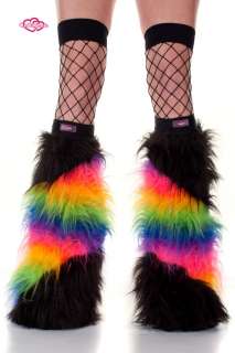 Contagious Slash Rainbow & Black Legwarmers Fluffy Boot Covers Rave 