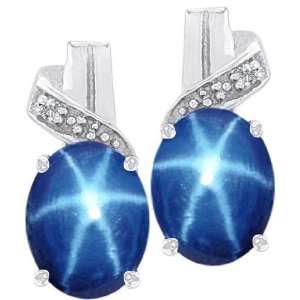   Created Oval Star Sapphire and Diamond Earrings(Metaly Jewelry