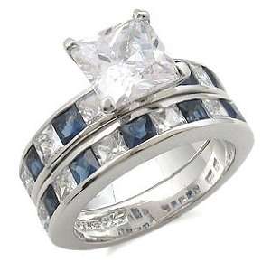  Princess Cut Sapphire CZ Engagement and Wedding Ring Set 