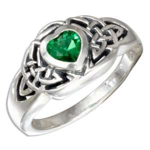   Green Glass Celtic Heart Ring with Celtic Knots (size 09) Jewelry