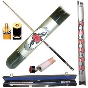   Rose on Silver Hardwood Pool Cue Stick with Case