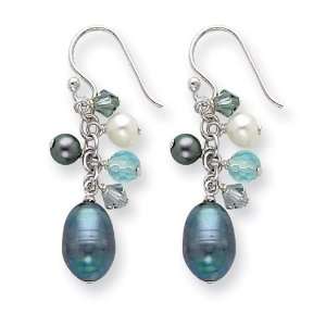   Silver Blue Crystals/Peacock & White Cultured Pearl Earrings Jewelry