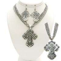 Cross Silver Colored Layered Chumky Statement Necklace Set  