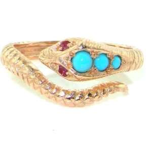 Fabulous Solid Rose Gold Natural Turquoise & Ruby Detailed Snake Ring 
