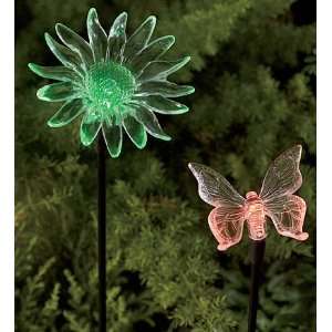  Set of 2 Solar Powered Butterfly and Flower Stakes: Patio 
