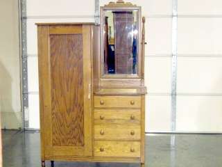1900 Oak 1/4 Sawed Chiffonier Armoire w Bevel Mirror  