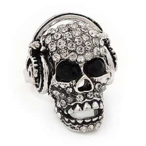Clear Crystal Skull Wearing Headphones Ring In Burn Silver Metal 
