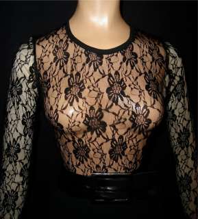 SHEER BLACK Soft LACE Stretch BLOUSE L/S long sleeve shirt top 