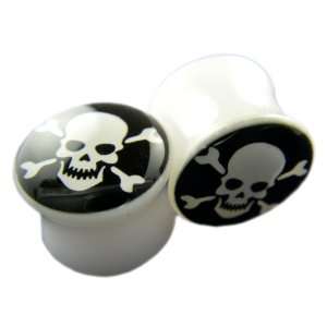   Ear Plugs   Black And White Skull Double Flare Ear Gauges (11/16 Gauge