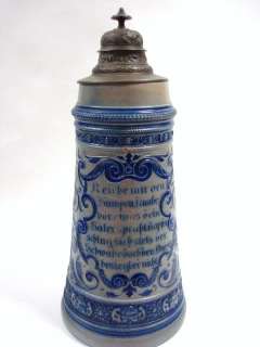 Vintage German Pewter & Salt Glazed Blue Gray 2 1/2 Liter Beer Stein 