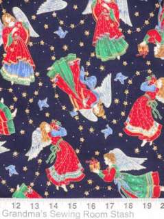 BTY Christmas Angels Gifts Birds Golden Stars on Navy  