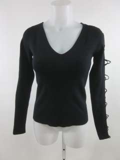 ESSENDI Black V Neck Lace Up Sleeve Sweater Top Sz S  