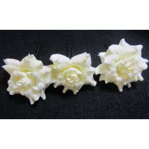  Small Ivory White Roses Hair Pins SET of 3: Beauty