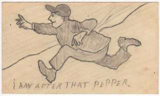 Hand Drawn Pencil Postcard Man Running, I Am After That Pepper  