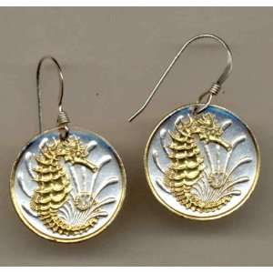   Toned Gold on Silver Singapore Seahorse Coin Earrings Jewelry