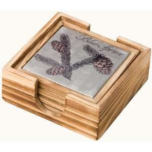  Pinecone Ceramic and Wood Coasters   Set of 4 Kitchen 