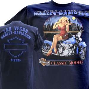 Harley Davidson Las Vegas Dealer Tee T Shirt Pinup Girl BLUE MEDIUM 