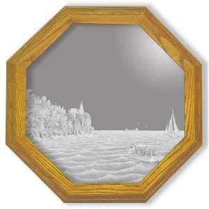 Lighthouse Etched Mirror Art in Solid Oak Frame