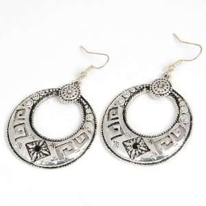   Silver Floral Engraved Meniscus Moon Style Dangle Earrings Jewelry