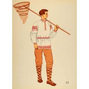 1939 Polish Folk Costume Fisherman Poland Lithograph 