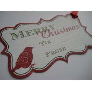  Handmade Christmas Gift Tags Red Flourish Bird with Ribbon 
