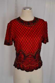 PAPELL BOUTIQUE SILK EVENINGS RED/BLACK BEADED SHORT SLEEVE BLOUSE/TOP 