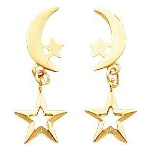  14K Yellow Gold Moon & Stars Dangle Earrings Jewelry 