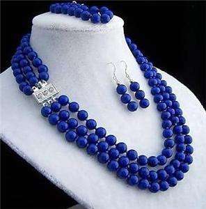 8mm 3rows lapis lazuli necklace bracelet earring sets  