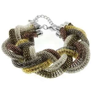   Six Rows Braided Tri Tone Mesh Bracelet With Lobster Clasp Jewelry