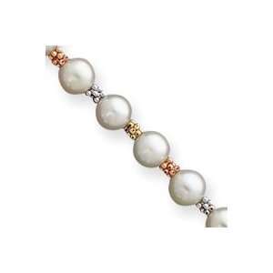  14k Tri Color White Pearl Bracelet   7.25 Inch   Lobster 
