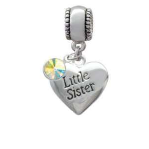 Silver Little Sister Heart   2 D European Charm Bead Hanger with AB 
