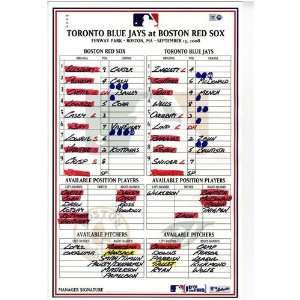 Blue Jays at Red Sox 9 13 2008() Game Used Lineup Card 