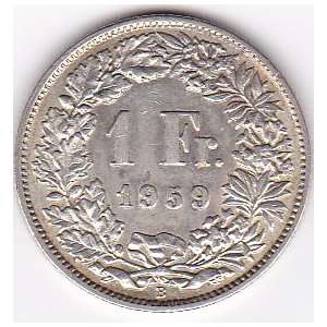  1959 Switzerland 1 Franc Silver Coin   Silver Content 83,5 
