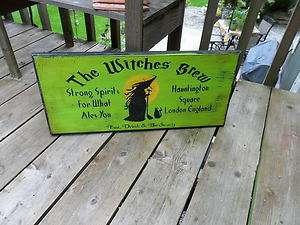 Primitive Halloween Sign THE WITCHES BREW in Green  