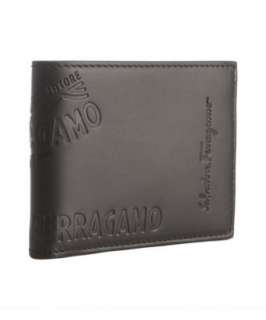 Ferragamo black leather passport stamp 6 card bi fold wallet   