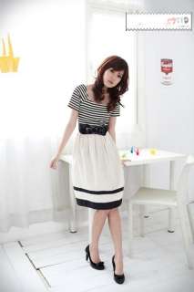 Womens Korean Japanese Fashion Style Stripe Dress One piece White 