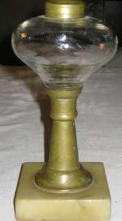 ANTIQUE WHALE OIL LAMP MARBLE BASE PRIMITIVE BLOWN GLASS FONT BRASS 