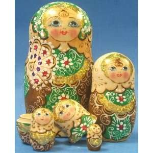 Woodburned 5 Piece Russian Wood Nesting Doll:  Home 