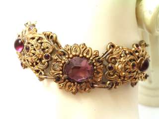 Victorian Bracelet Filigree Amethyst Glass Rhinestone Cabochon Gold 